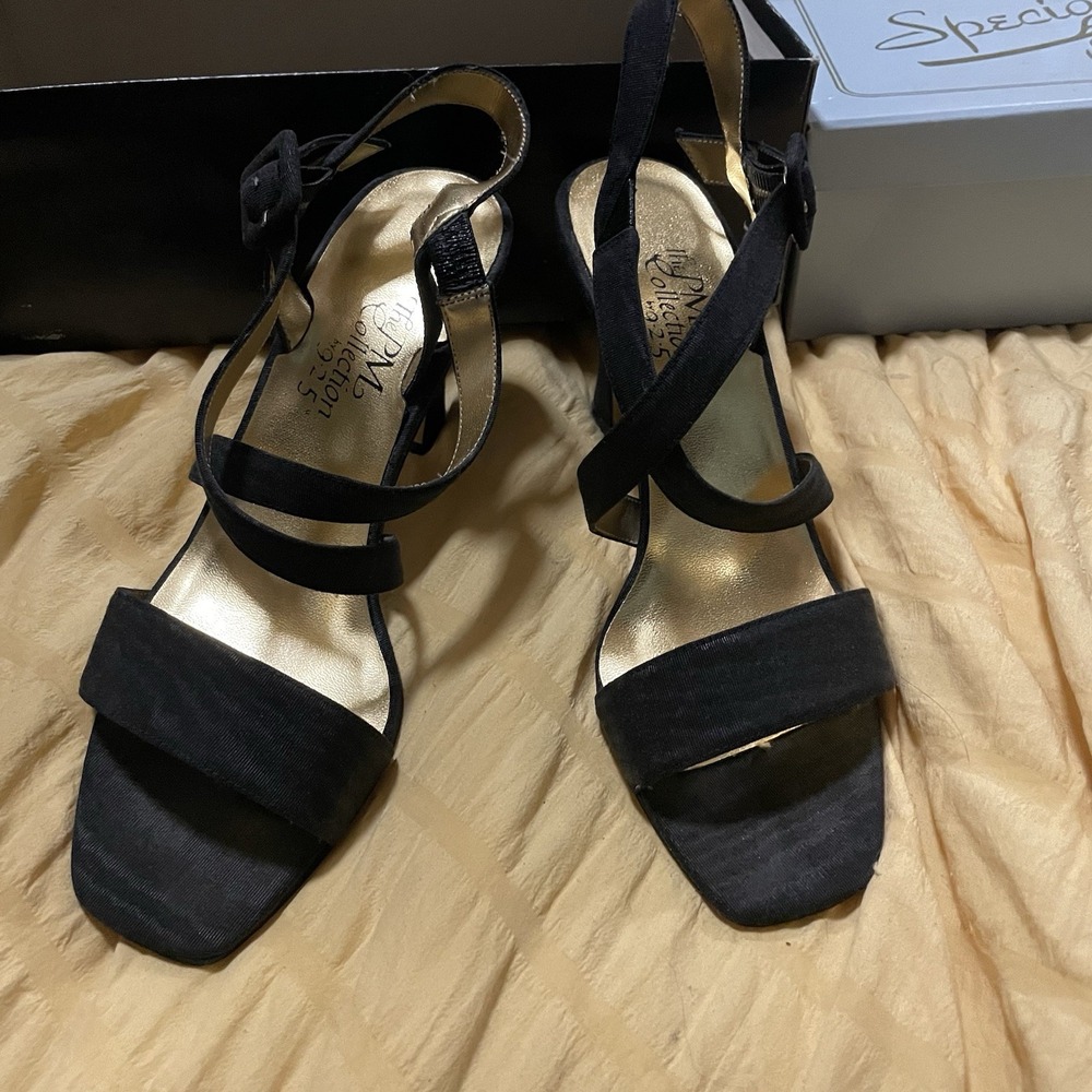 PM Collection by 925 Black Strappy Slingback Dressy Heels Shoes Size 7 M EUC VTG